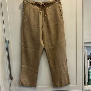 EUC Tasso Elba 100% linen tan colour wide leg trouser drawstring waist 4 pockets